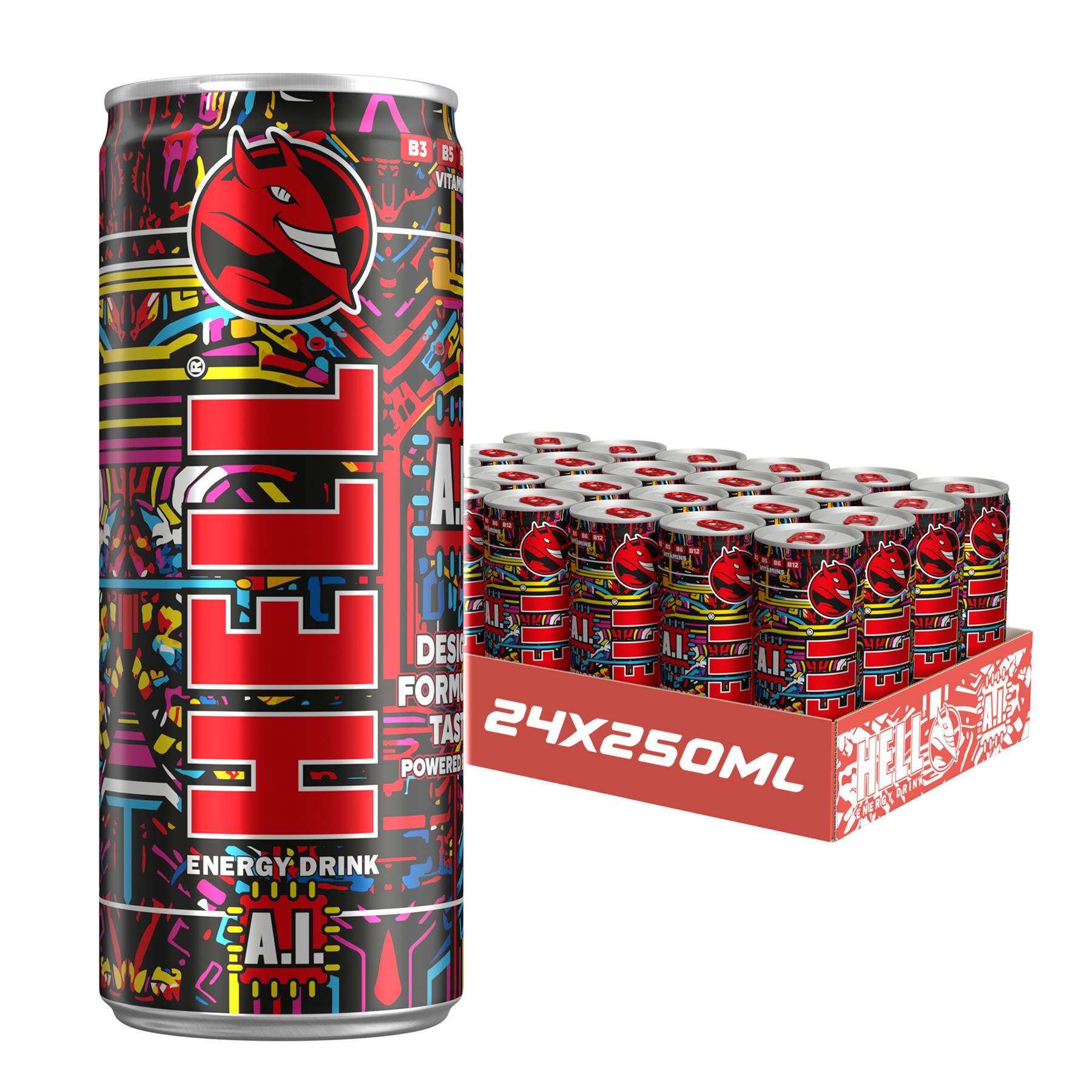 Hell Energy Drink A.I 24 x 250ml Cans High Caffeine With B Vitamins Vegan Preservative Free