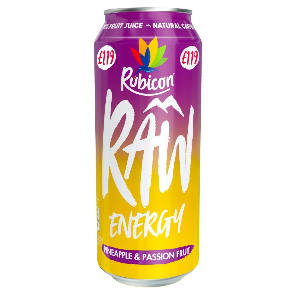 Rubicon Raw Energy Pineapple Passion 12 x 500ml Priced Can High Natural caffeine