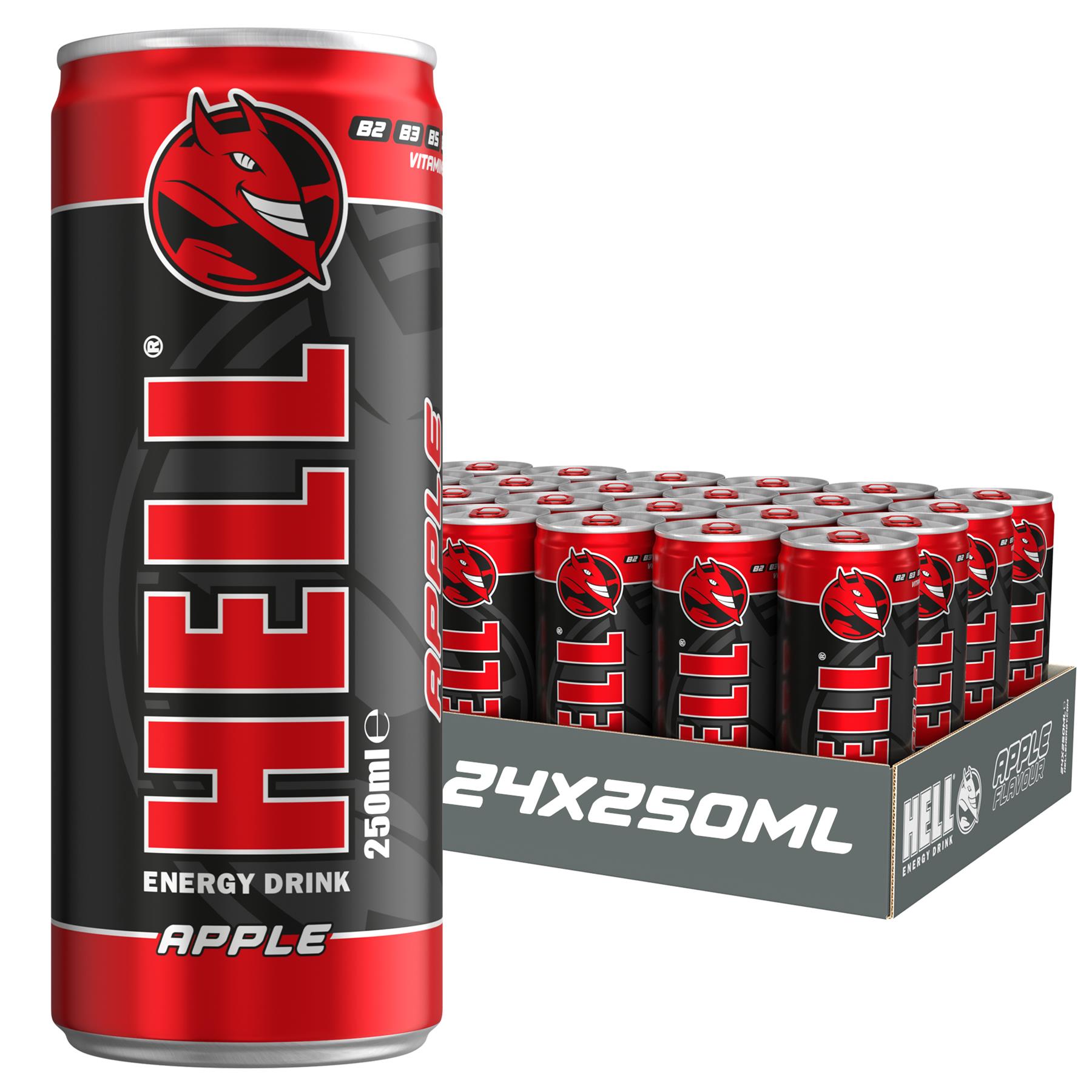 Hell Energy Drink APPLE 24 x 250ml Cans High Caffeine With B Vitamins Vegan Preservative Free